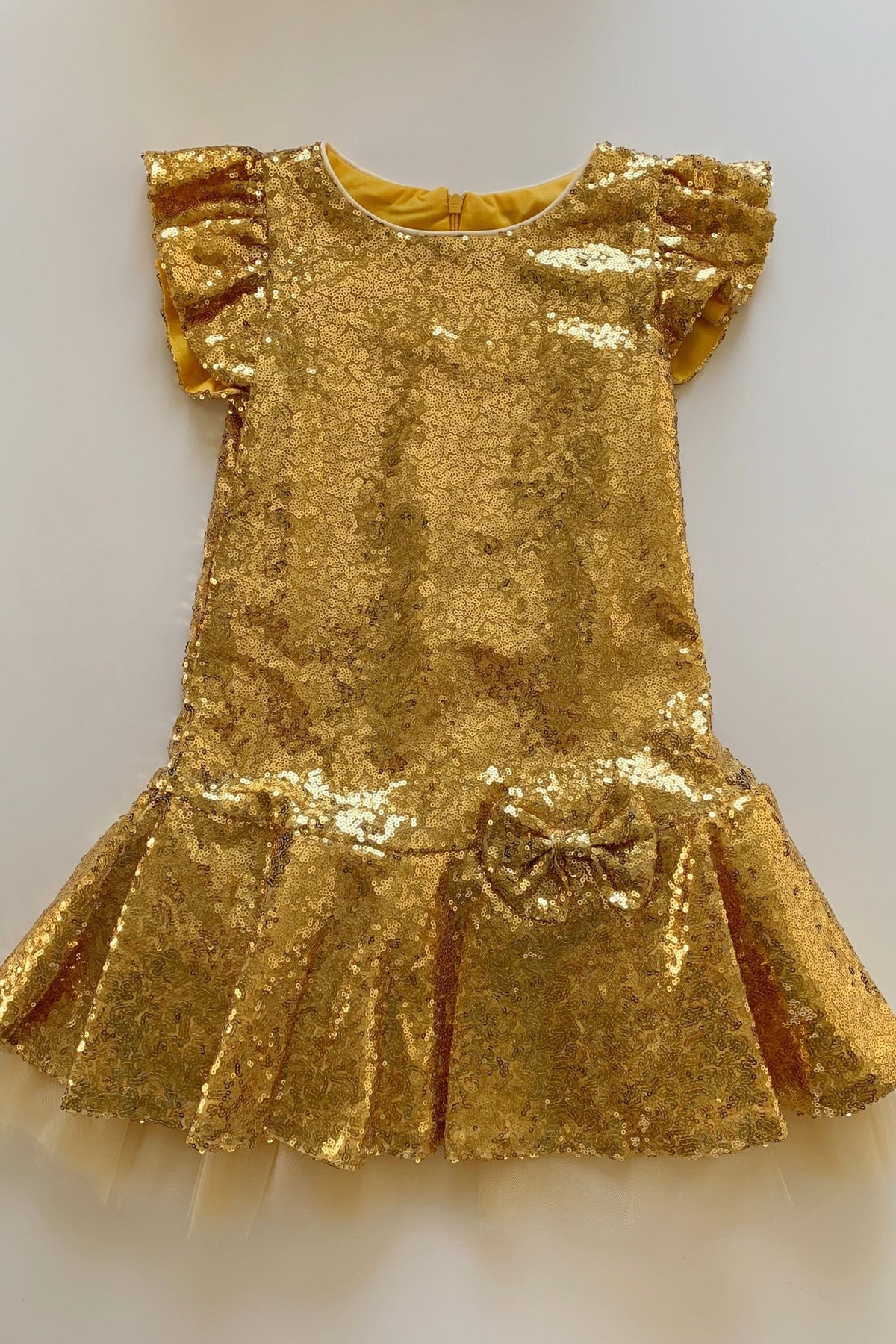 Front view of gold Sequin Butterfly Ruffle sleeves Tulle flower girl dress Dress Isabel Dress.