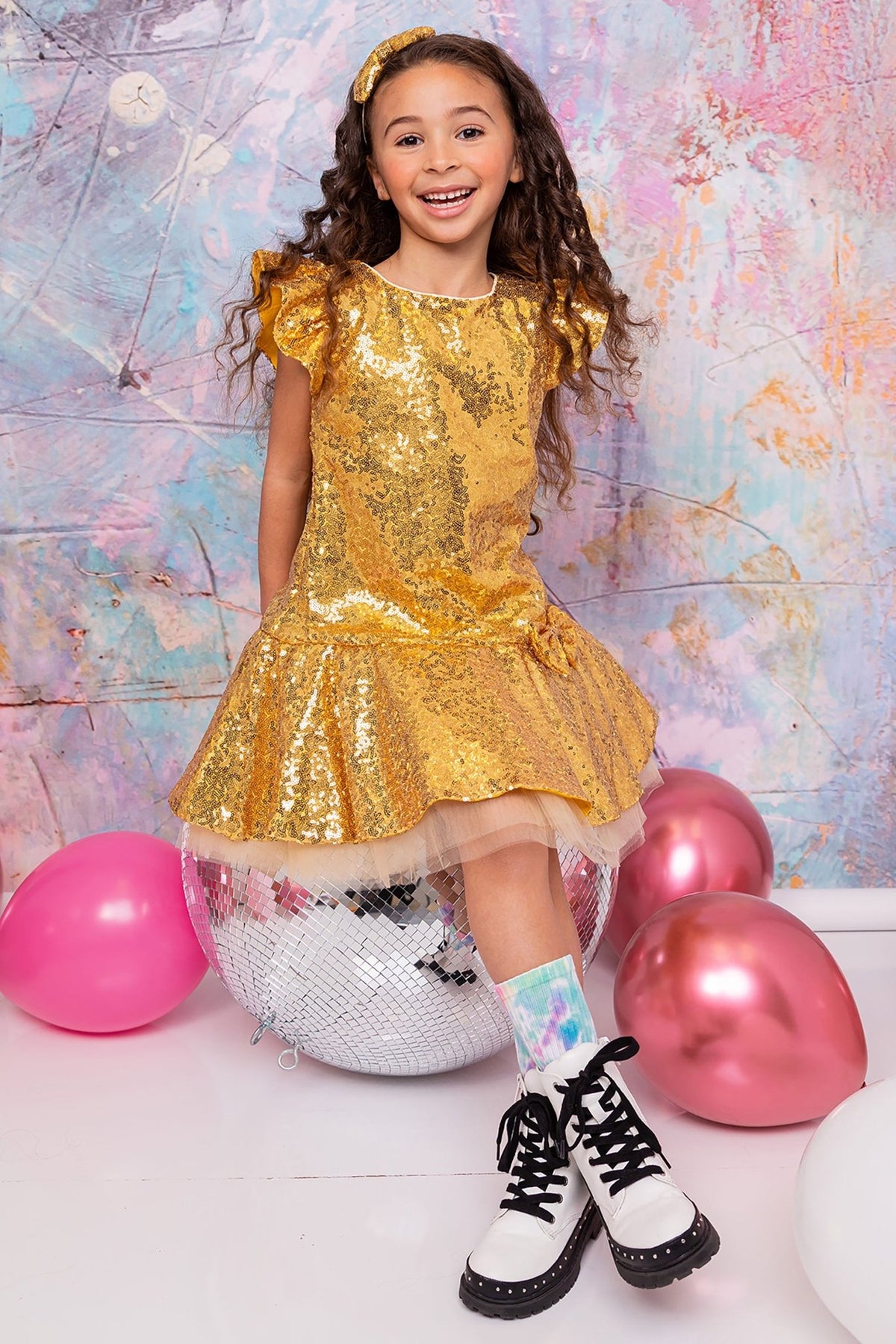 Front view of gold Sequin Butterfly Ruffle sleeves Tulle flower girl dress Dress Isabel Dress.