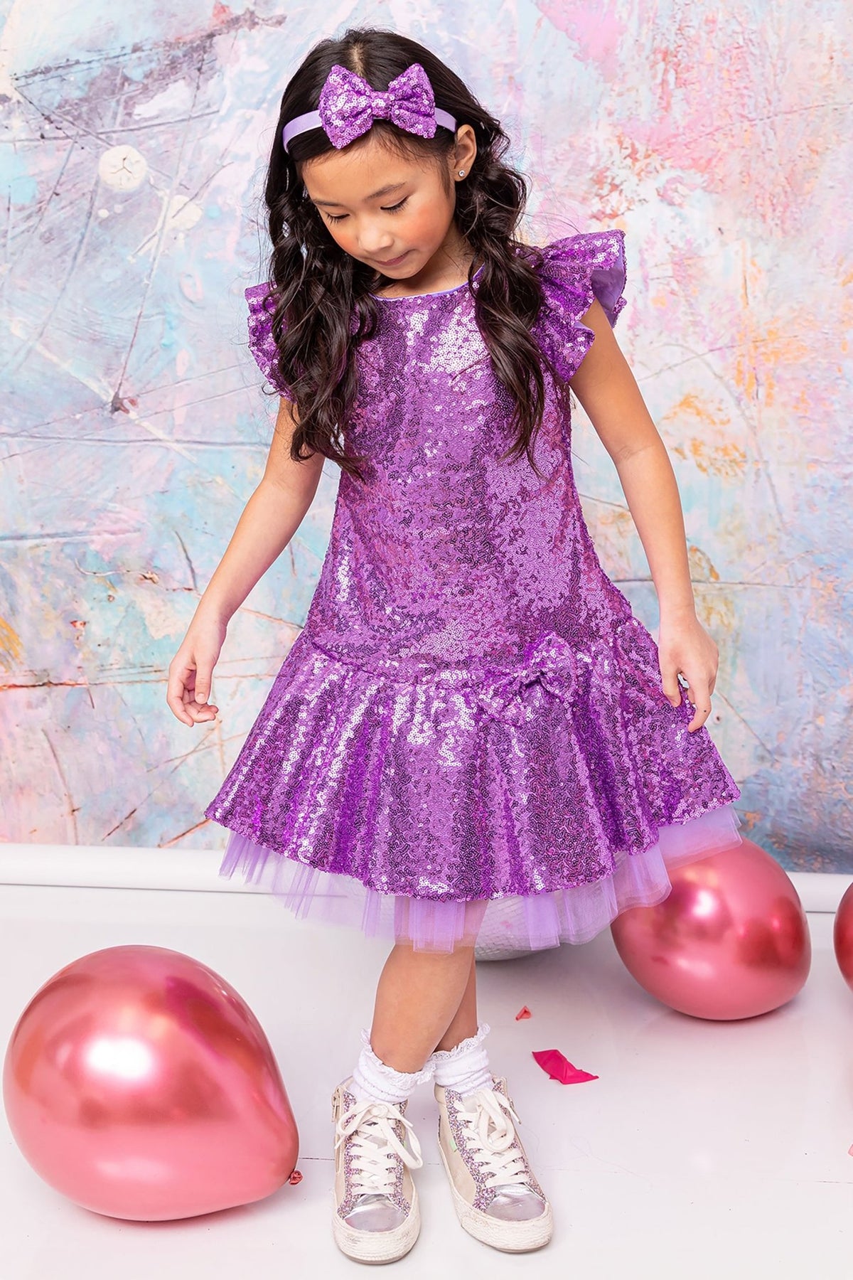 Front view of lilac Sequin Butterfly Ruffle sleeves Tulle flower girl dress Dress Isabel Dress.