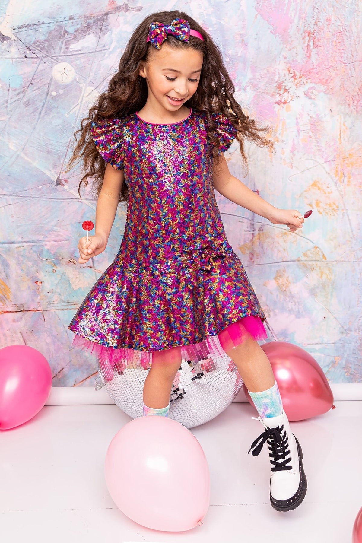 Front view of rainbow Sequin Butterfly Ruffle sleeves Tulle flower girl dress Dress Isabel Dress.