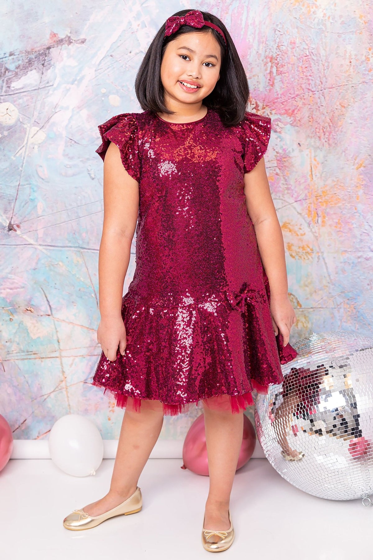 Front view of red Sequin Butterfly Ruffle sleeves Tulle flower girl dress Dress Isabel Dress.