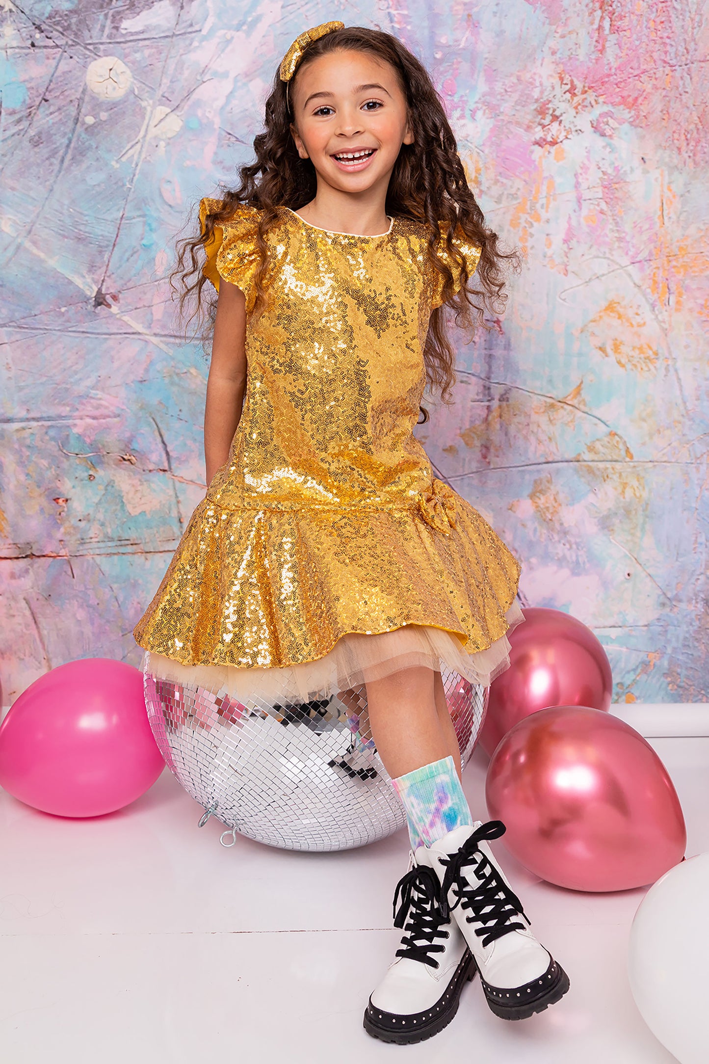 USA Made | Sequin Butterfly Ruffle sleeves Tulle Dress | Birthday Girl Dress | Perfect Party Dress - girl wearing gold dress sitting on ball