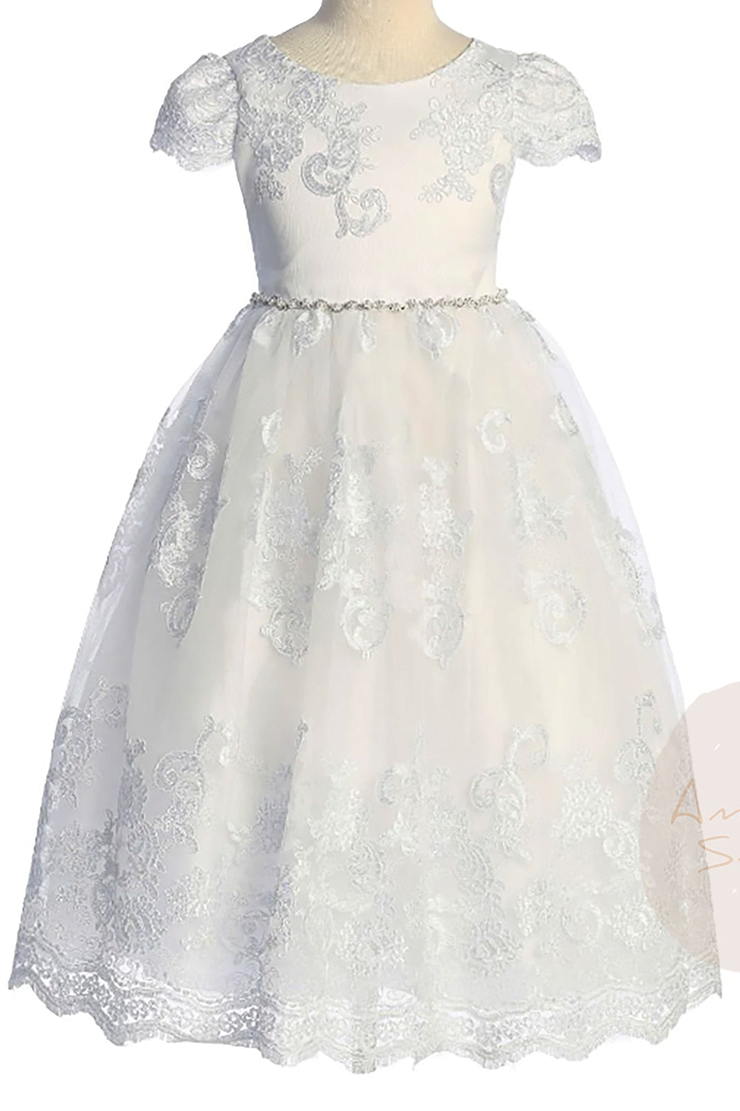 Front view presents white full-length communion dress with lace cap sleeves, floral lace appliques, and pearl trim at the waist.