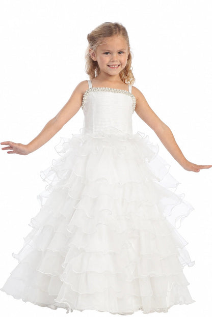 On this off-white flower girl dress, cascading skirt ruffles are visible.