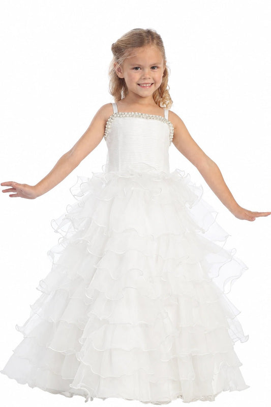 On this off-white flower girl dress, cascading skirt ruffles are visible.