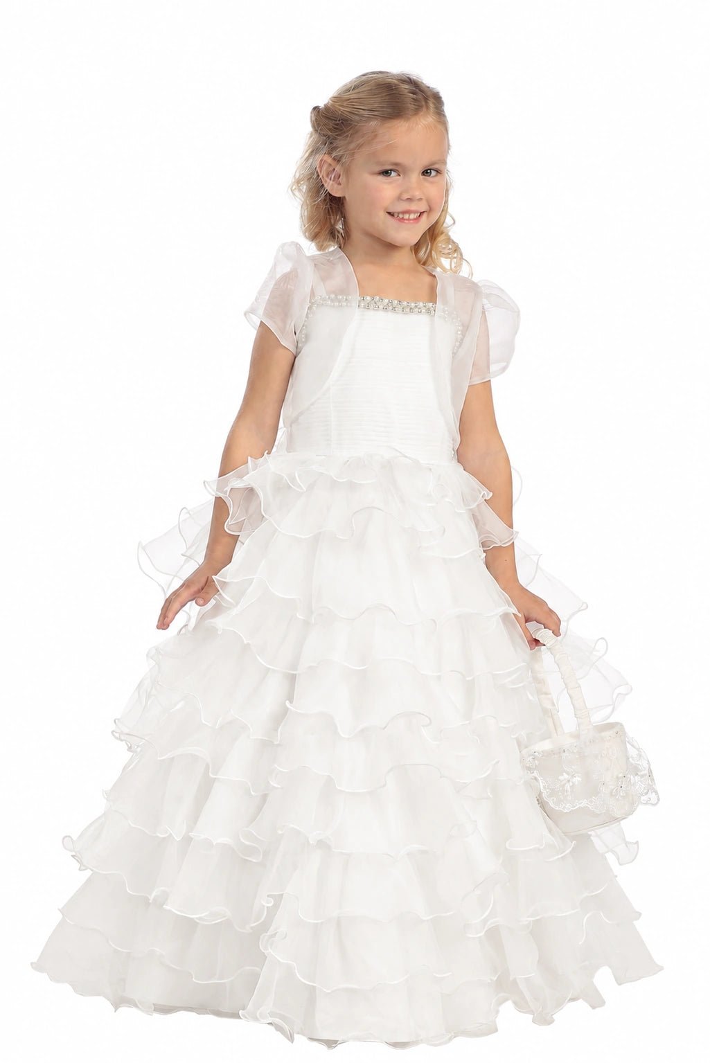 A view of a beaded square neckline on the off-white flower girl dress.