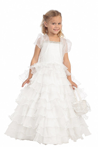 A view of a beaded square neckline on the off-white flower girl dress.