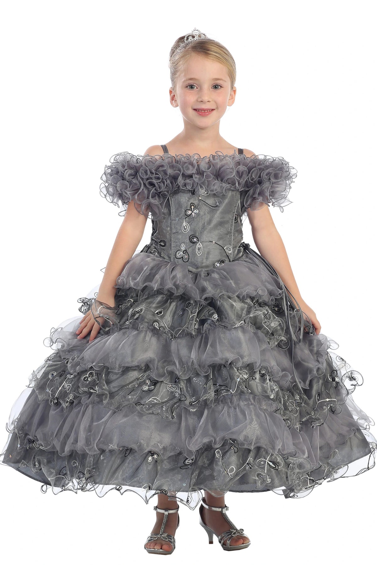 Charcoal kids pageant dress featuring rows of gathered ruffles.