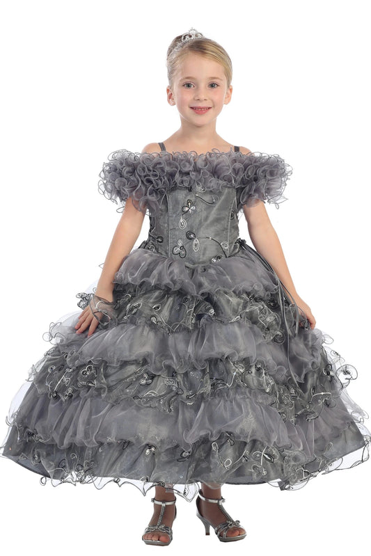 Ruffled off-shoulder neckline accents this charcoal flower girl dress.