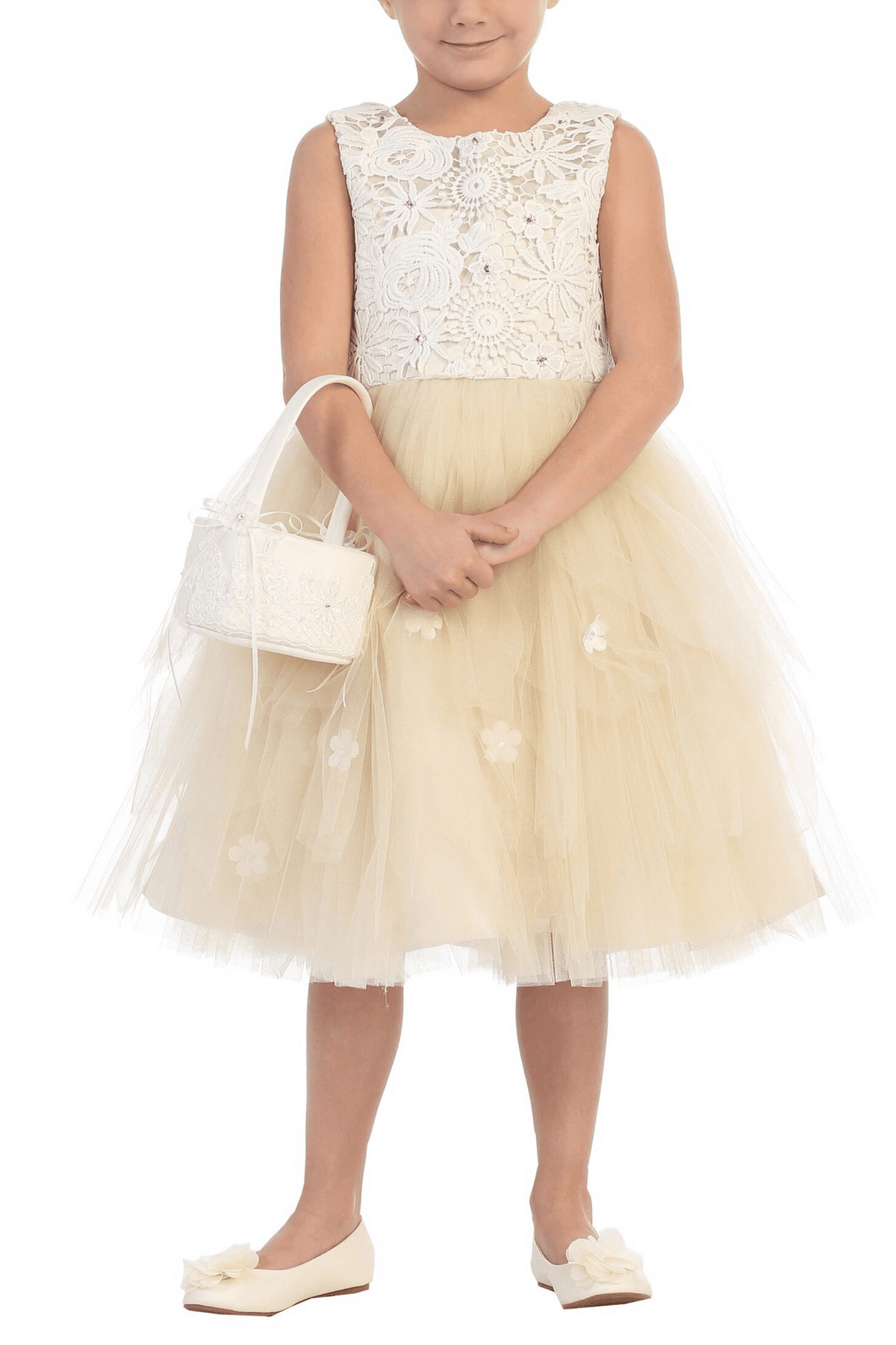 Floral lace bodice accents the champagne flower girl dress.
