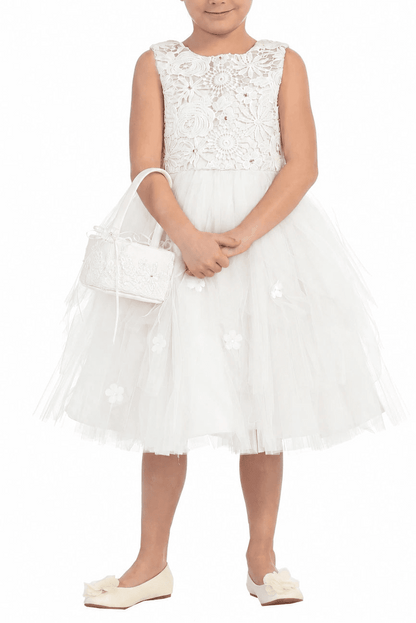 Highlighting layered floral mesh on an off-white flower girl dress.