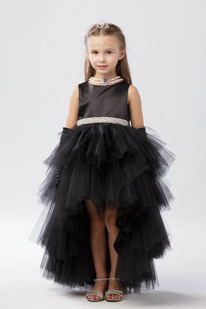 Black kids pageant dress featuring a satin bodice and layered high-low tulle.