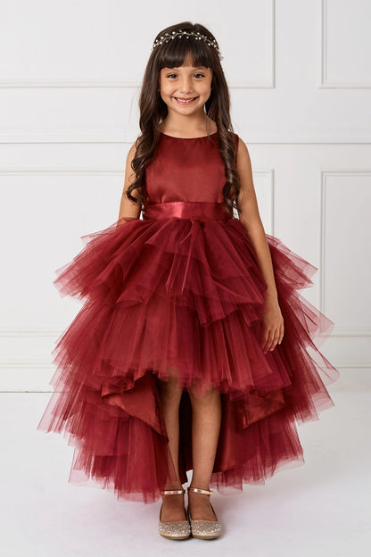 Burgundy kids pageant dress featuring a satin bodice and layered high-low tulle.