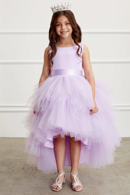 Lilac kids pageant dress featuring a satin bodice and layered high-low tulle.