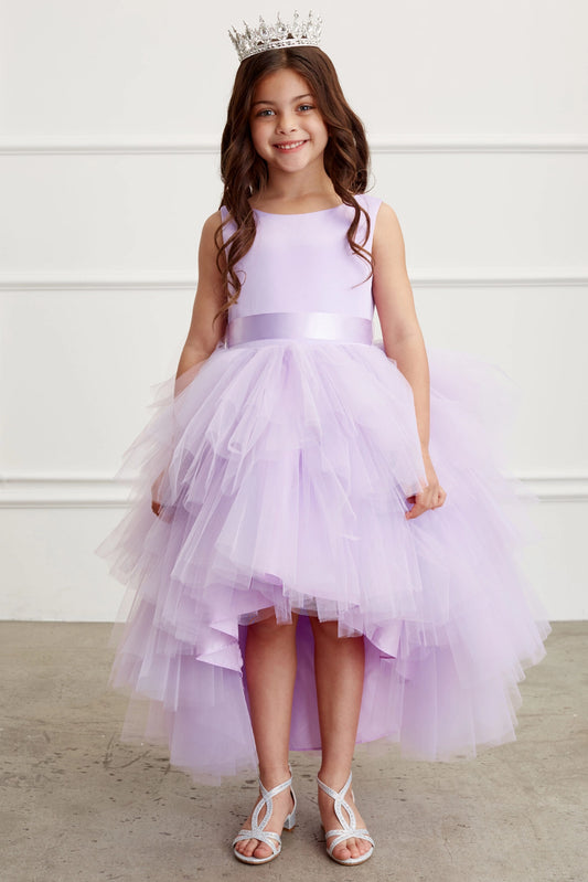 Lilac kids pageant dress featuring a satin bodice and layered high-low tulle.