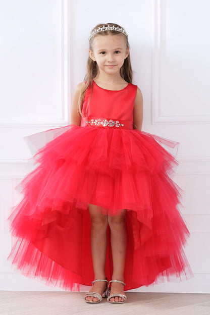 Red kids pageant dress featuring a satin bodice and layered high-low tulle.