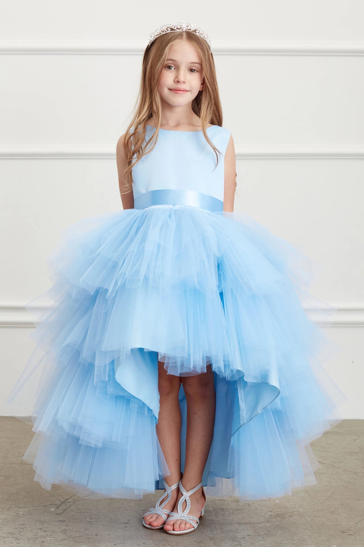 Sky Blue kids pageant dress featuring a satin bodice and layered high-low tulle.