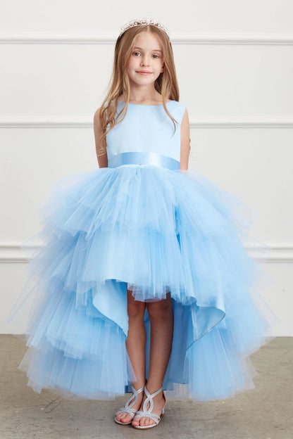 Sky Blue kids pageant dress featuring a satin bodice and layered high-low tulle.