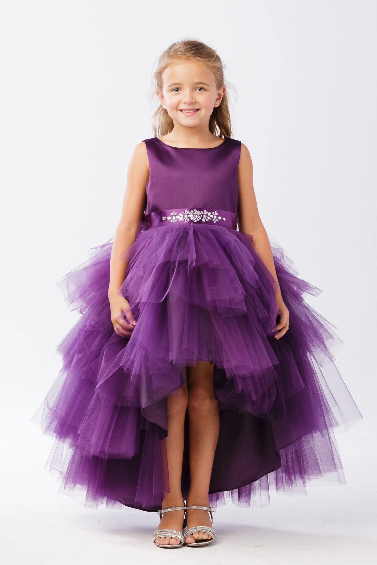 Eggplant kids pageant dress featuring a satin bodice and layered high-low tulle.