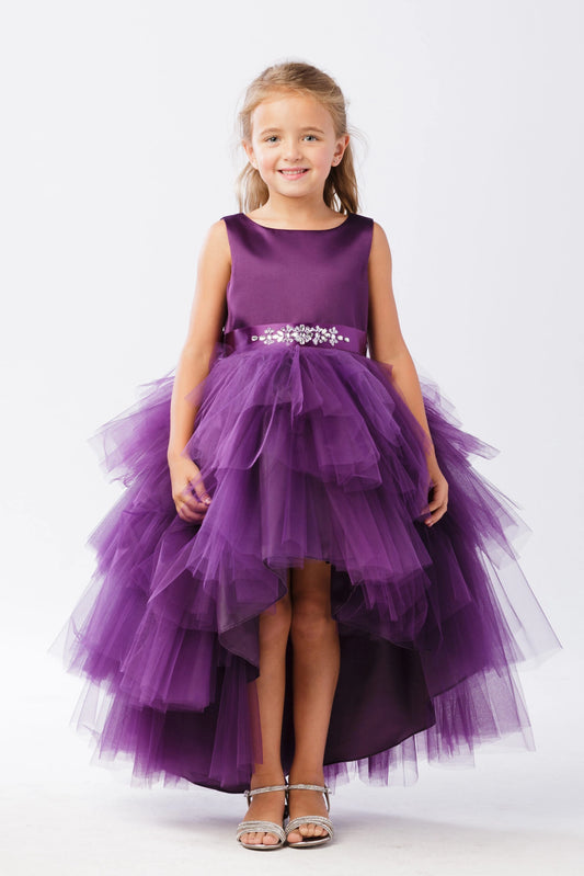 Eggplant kids pageant dress featuring a satin bodice and layered high-low tulle.