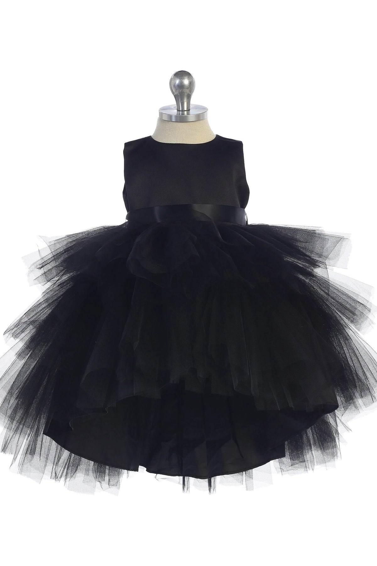 Visible details on the Black kids pageant dress include a satin bodice and layered high-low tulle.