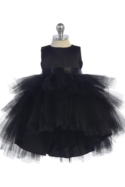 Visible details on the Black kids pageant dress include a satin bodice and layered high-low tulle.