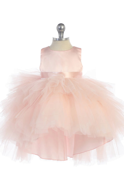 Visible details on the Blush kids pageant dress include a satin bodice and layered high-low tulle.