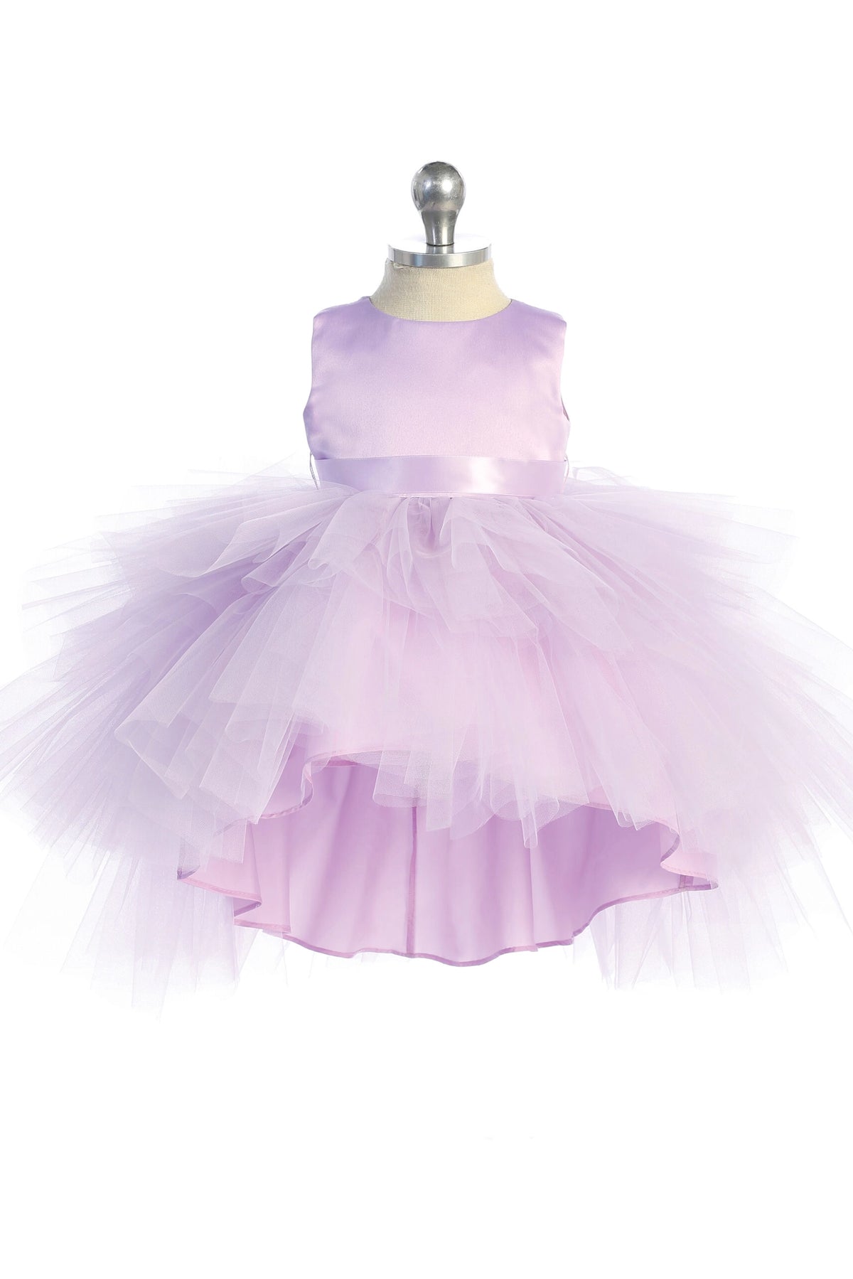 Visible details on the Lilac kids pageant dress include a satin bodice and layered high-low tulle.