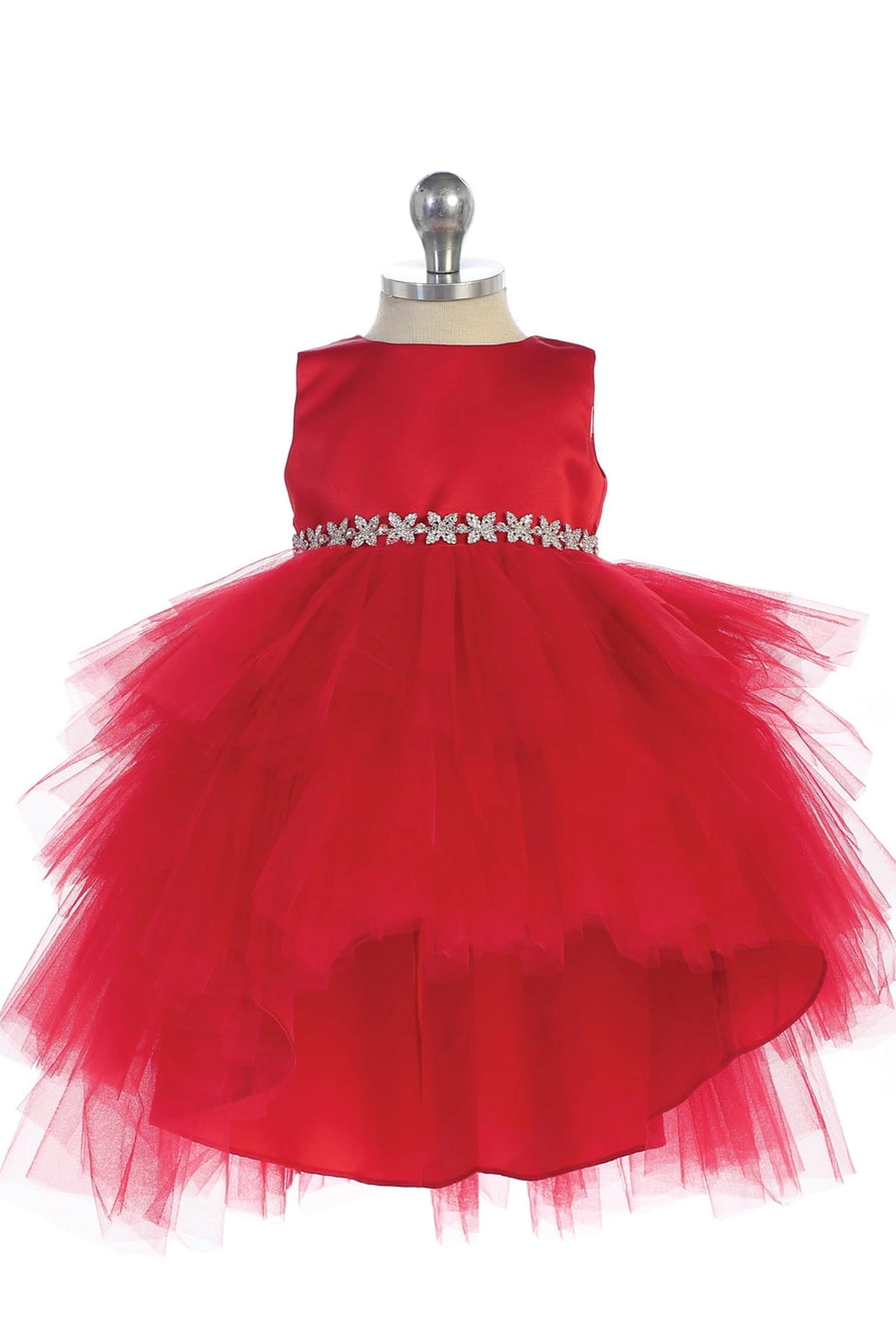 On the Red kids pageant dress, the detailing includes a satin bodice and layered high-low tulle.