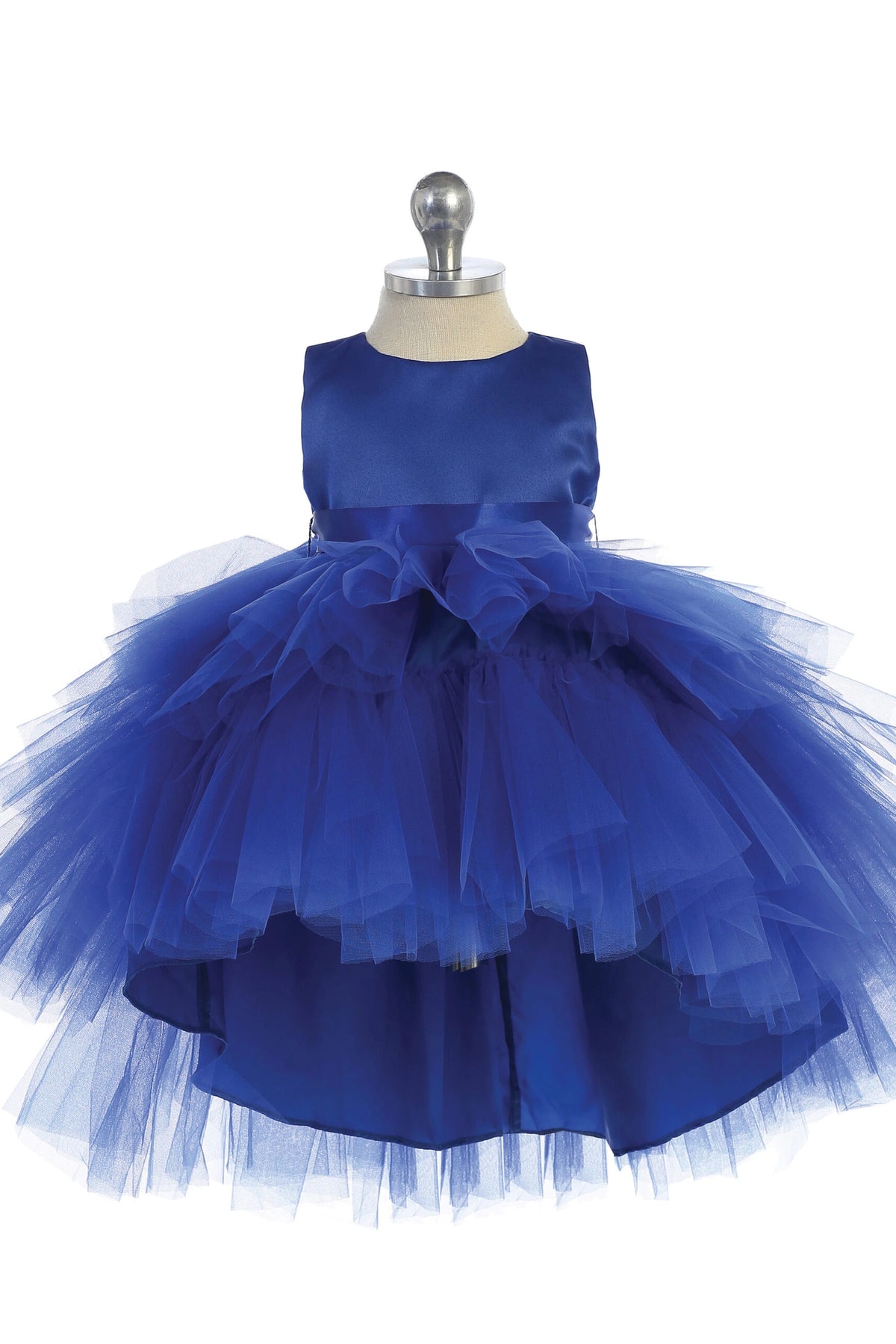 Royal Blue kids pageant dress featuring a satin bodice and layered high-low tulle.