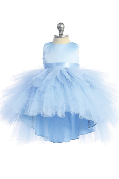 Visible details on the Sky Blue kids pageant dress include a satin bodice and layered high-low tulle.