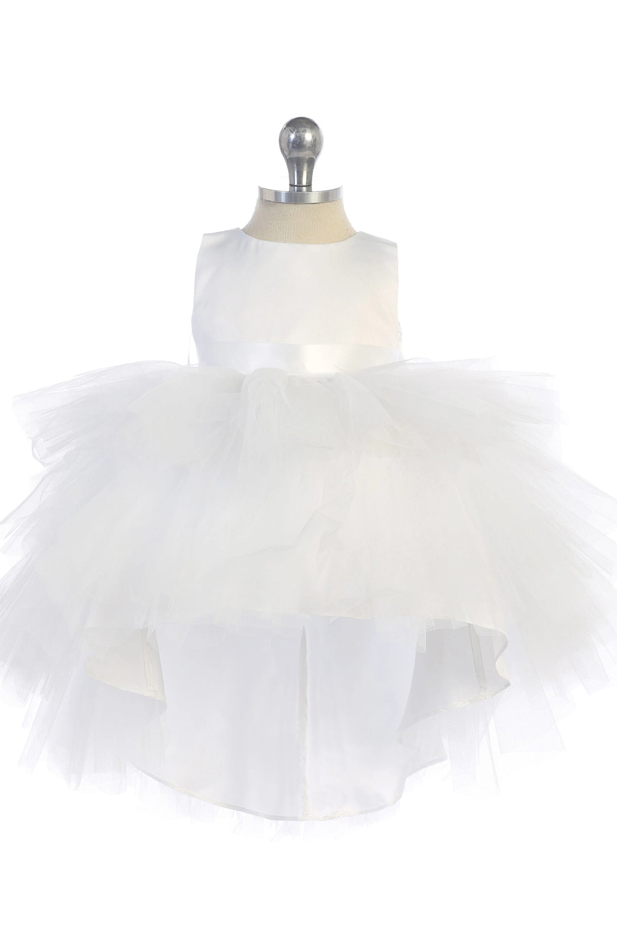 Visible details on the White kids pageant dress include a satin bodice and layered high-low tulle.