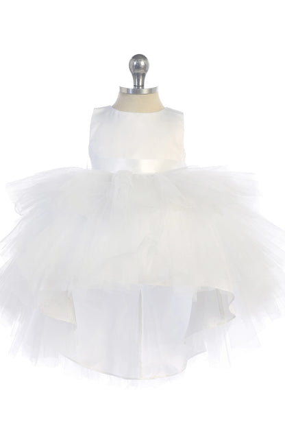 Visible details on the White kids pageant dress include a satin bodice and layered high-low tulle.