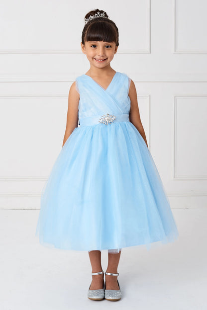 Sky Blue kids pageant dress featuring a ruched V-neckline and rhinestone brooch.