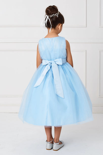 The Sky Blue kids pageant dress has a satin bow above the gathered skirt.