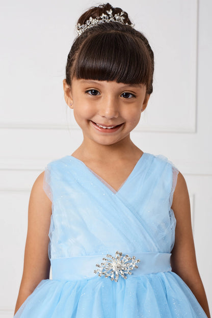 Visible details on the Sky Blue kids pageant dress include a V-neckline and sparkling brooch.