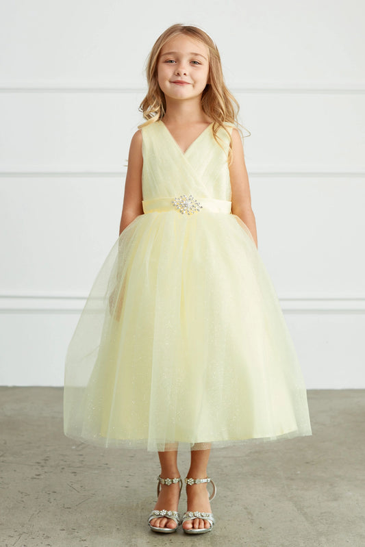 Yellow kids pageant dress featuring a ruched V-neckline and rhinestone brooch.