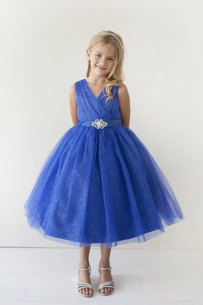 Royal Blue kids pageant dress featuring a ruched V-neckline and rhinestone brooch.