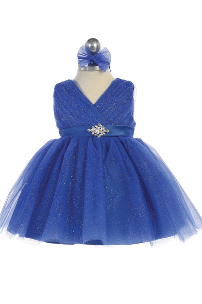 The Royal Blue kids pageant dress has a ruched V-neckline and rhinestone brooch.