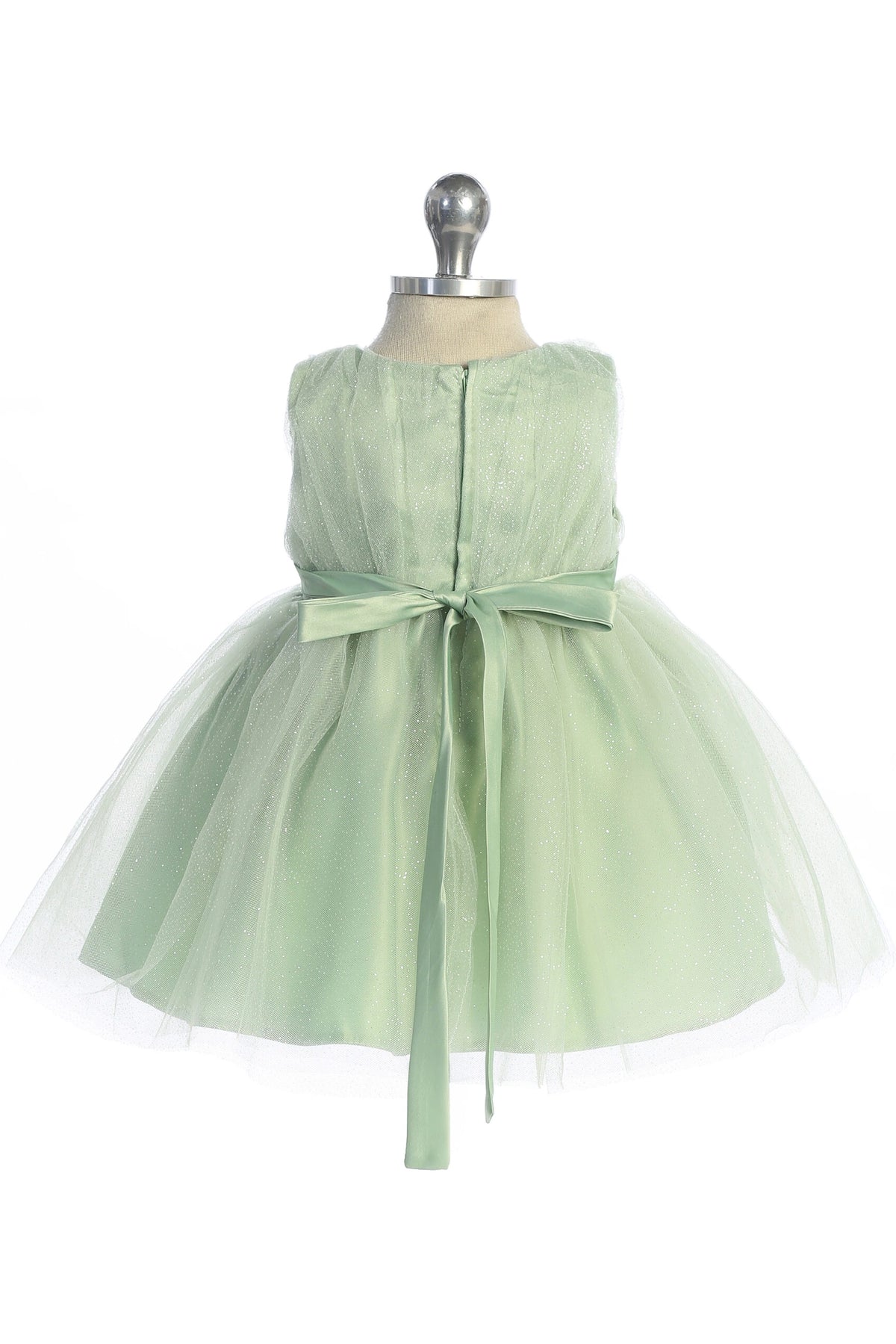 Seen from behind, this Sage kids pageant dress displays a satin bow above the gathered skirt.