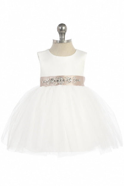 Off-White flower girl dress with a jeweled satin sash.