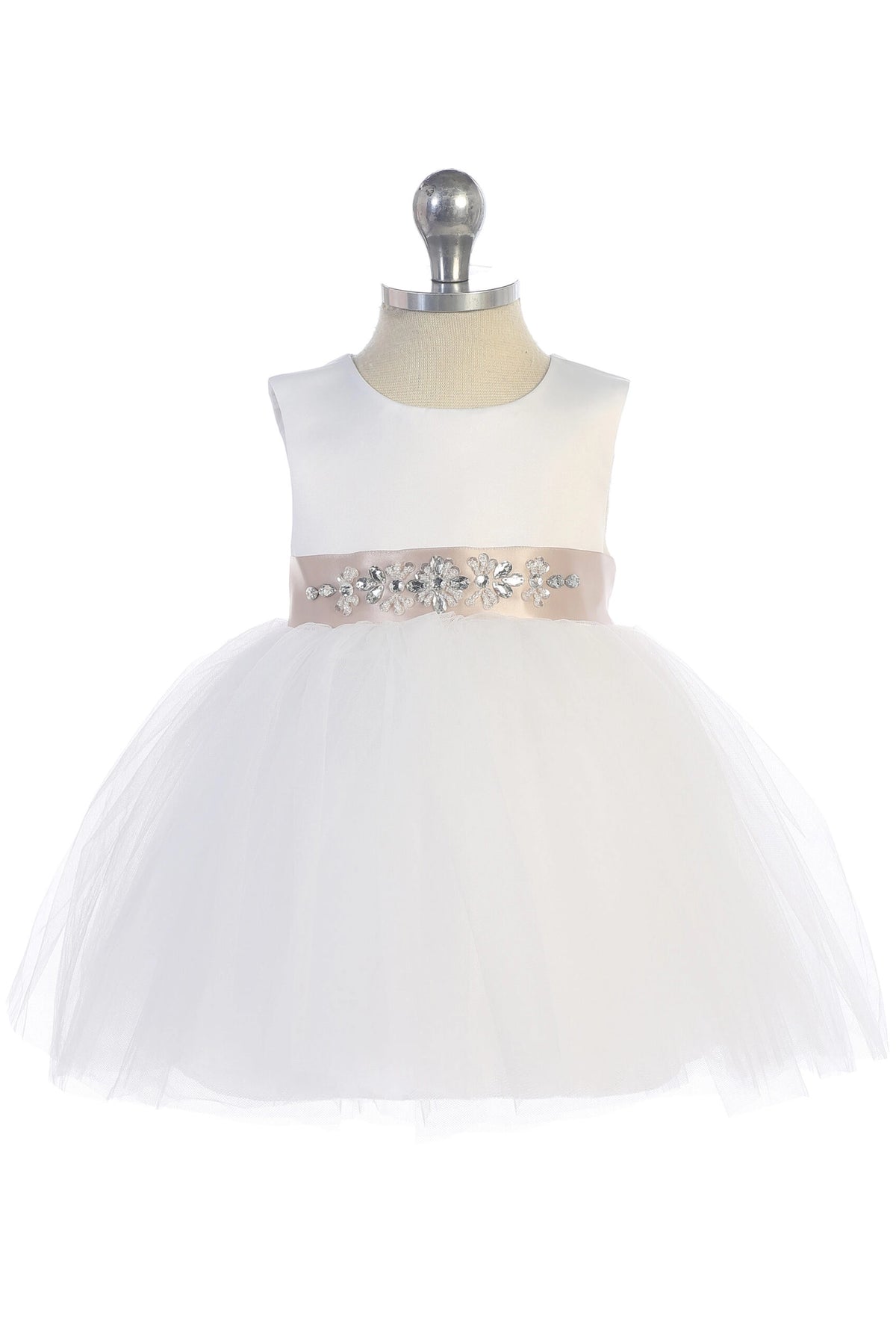 Jeweled satin waistband on a white flower girl dress.