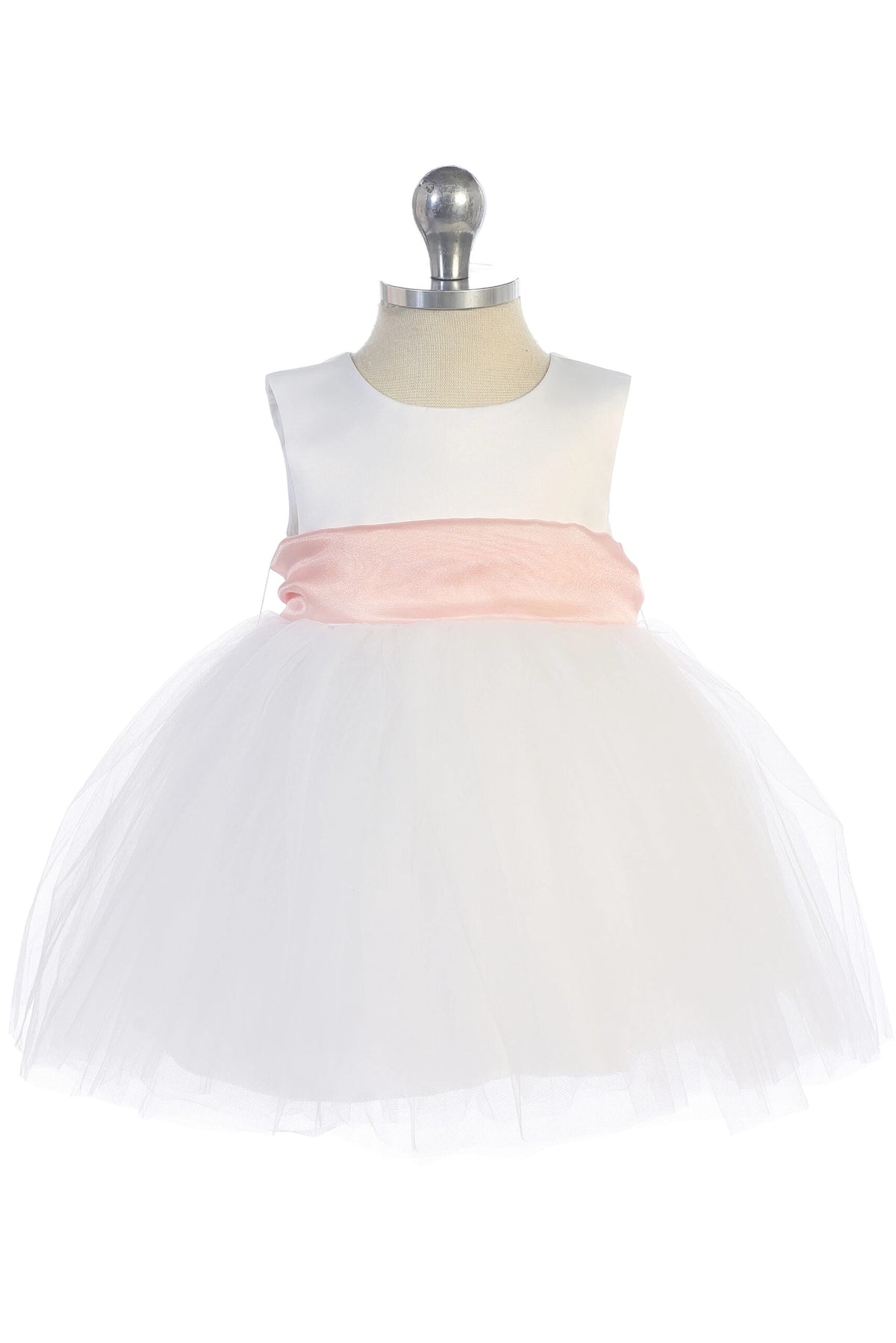 Featuring a pink pleated waist ribbon, a white flower girl dress.