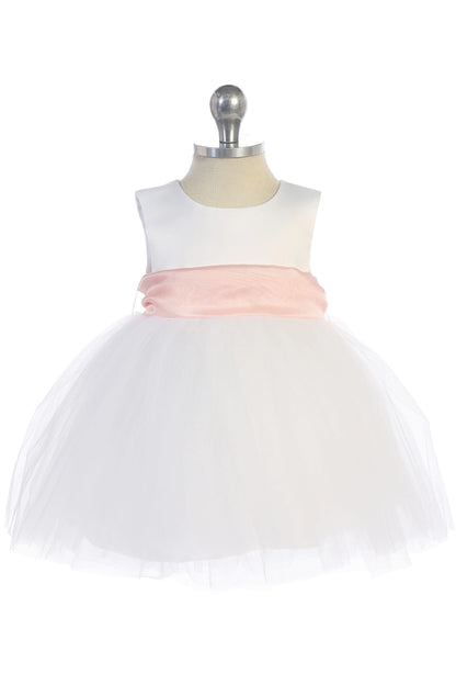 Featuring a pink pleated waist ribbon, a white flower girl dress.