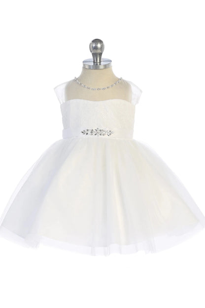 Jewels glint at the waist of an off-white flower girl dress.