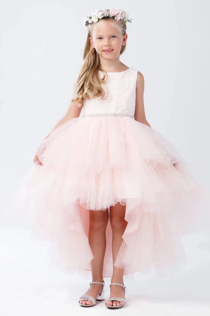 High-low ruffled skirt on a blush flower girl dress.