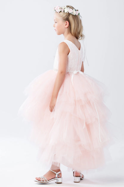 Blush flower girl dress detailed with a lace bodice.
