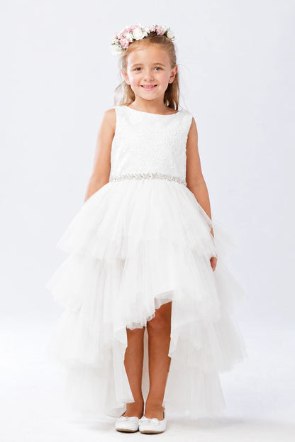Off-White flower girl dress, showing high-low skirt tiers.