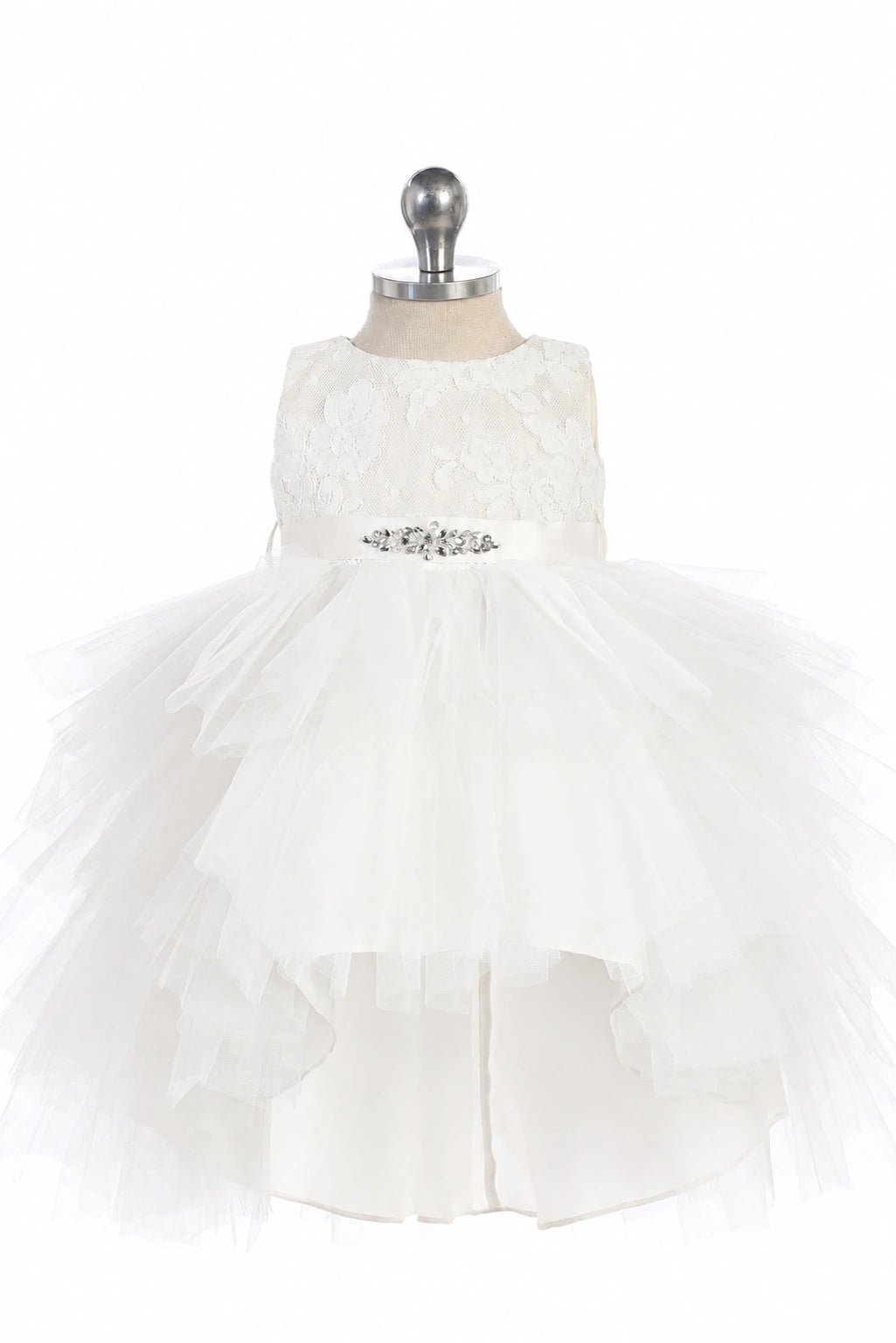 Featuring a lace bodice, a white flower girl dress.