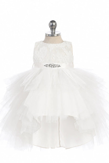 Featuring a lace bodice, a white flower girl dress.